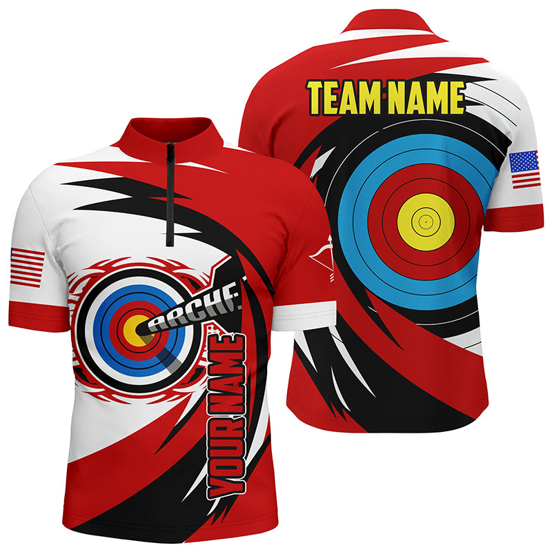 Personalized Name 3D Target Archery Quarter-Zip Shirts For Men, American Flag Archery Team Shirts VHM0625
