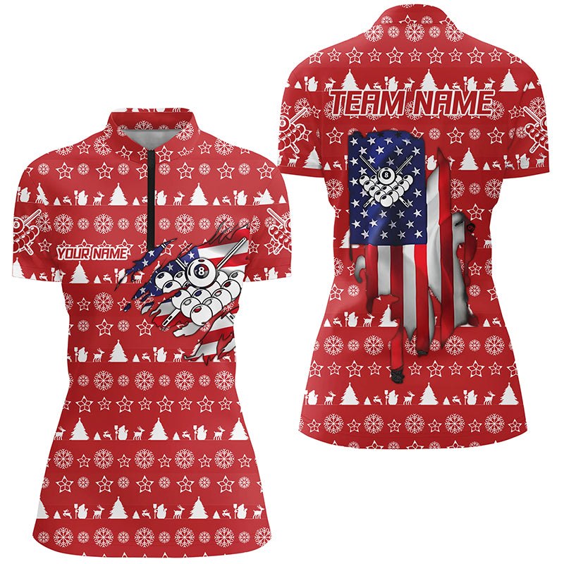 Personalized Christmas US Flag 8 Ball Pool Quarter-Zip Shirts For Women, Christmas Billiard Shirts VHM0627