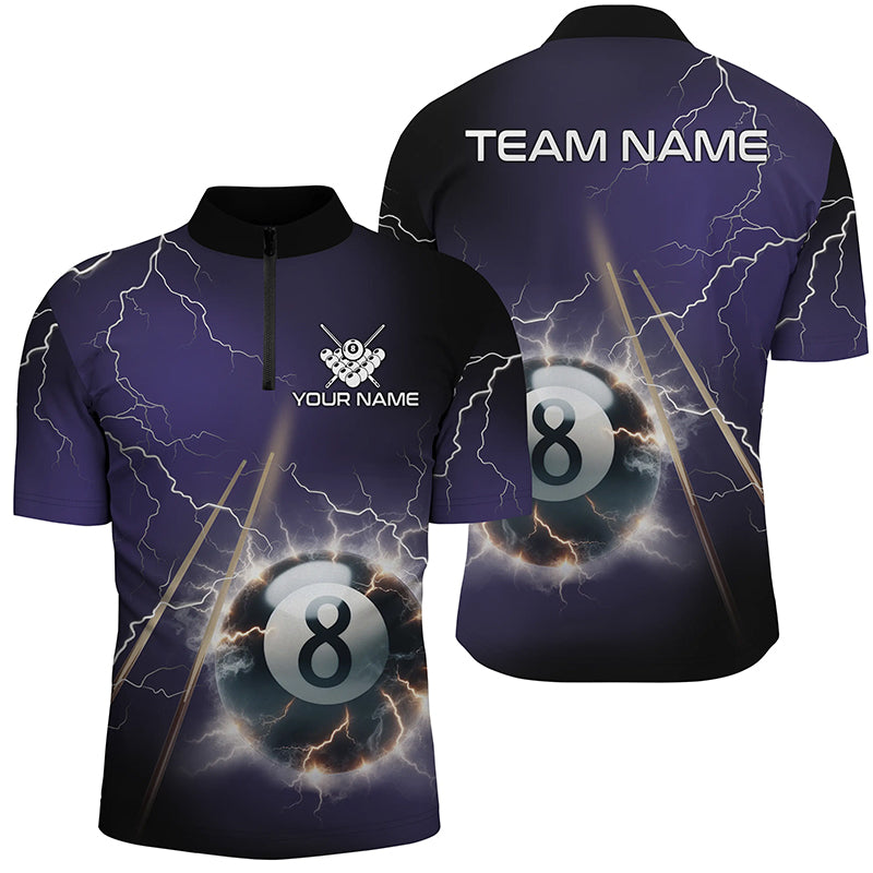 Personalized Thunder Lighting Purple 8 Ball Billiard 3D Quarter-Zip Shirts For Men, 8 Ball Jerseys VHM1029