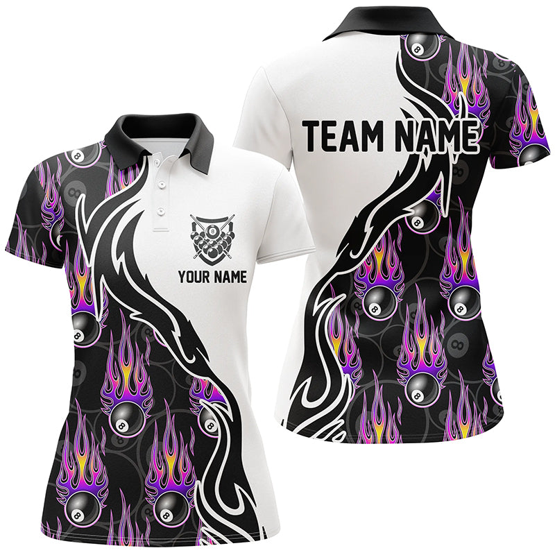 Personalized Billiard 8 Ball Flaming Pattern Purple 3D Polo Shirts For Women, Billiards Team Jerseys VHM0527