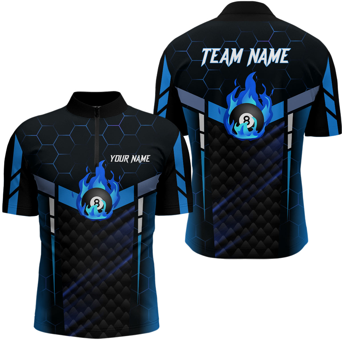Personalized Blue Fire 8 Ball Billiard 3D Quarter-Zip Shirts For Men, 8 Ball Pool Team Jerseys VHM1017