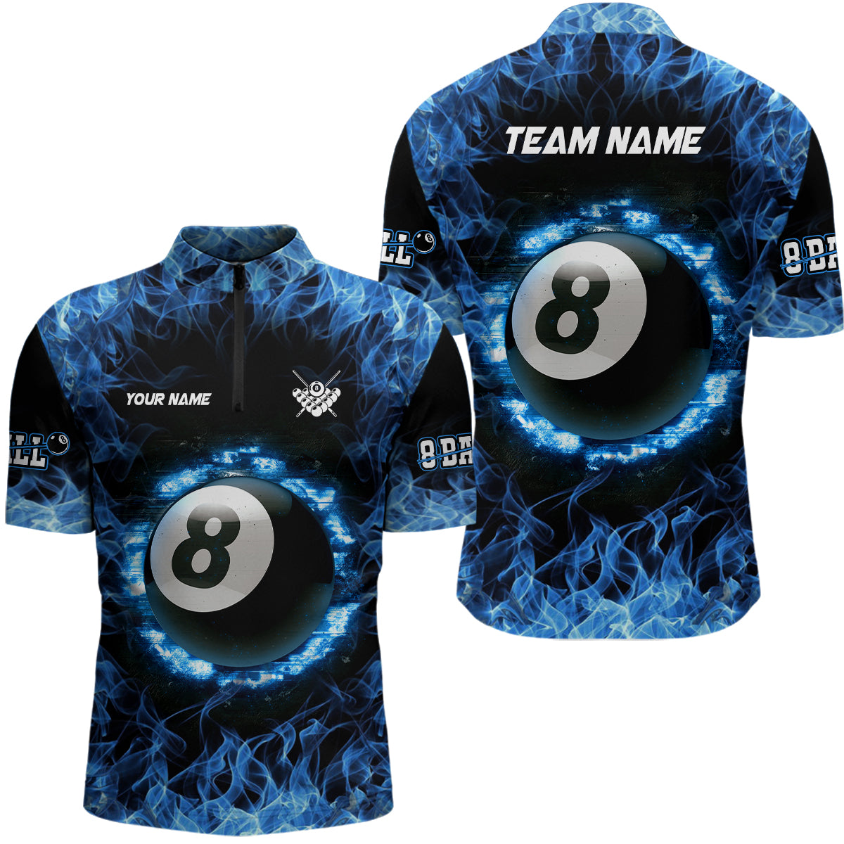 Personalized Blue Fire 8 Ball Pool Billiard 3D Quarter-Zip Shirts For Men, Custom Billiards Jerseys VHM0558
