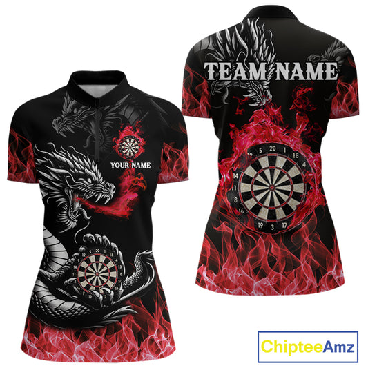 Personalized Red Flaming Dragon Dart Shirts For Women Custom Darts Team Jerseys Polo & Quarter Zip TDM4310