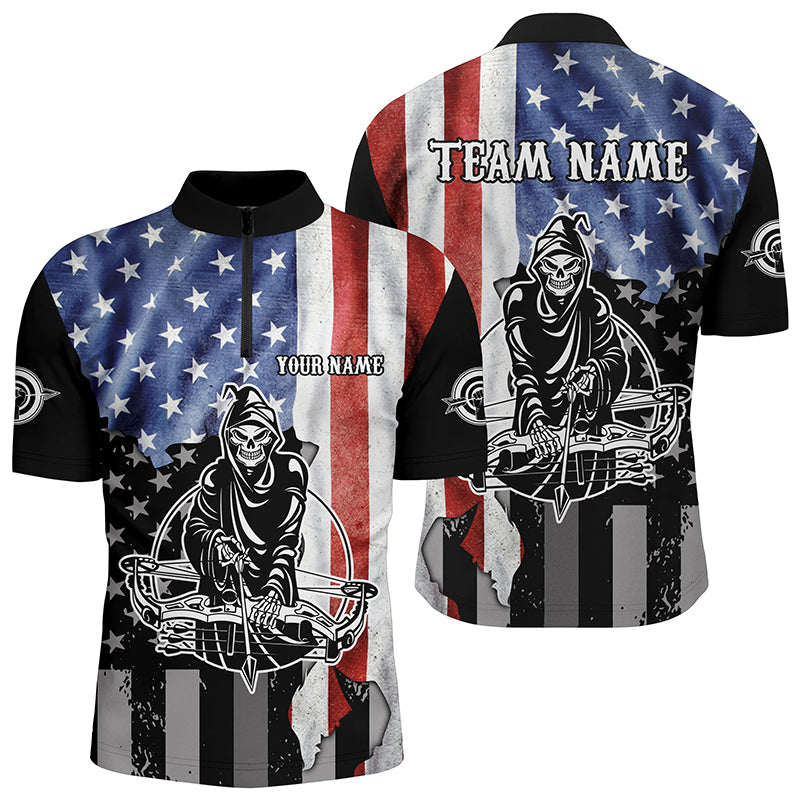 Skeleton Playing Archery Custom US Flag Men Quarter-Zip Shirts Best Unique Archery Shirts TDM0520