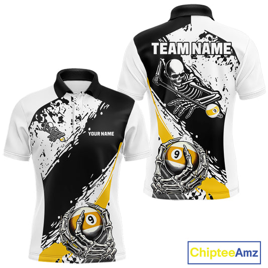 9 Ball Skeleton Custom Billiard Polo & 1/4 Zip Shirts For Men, Funny 9 Ball Pool Billiard Jerseys TDM5675