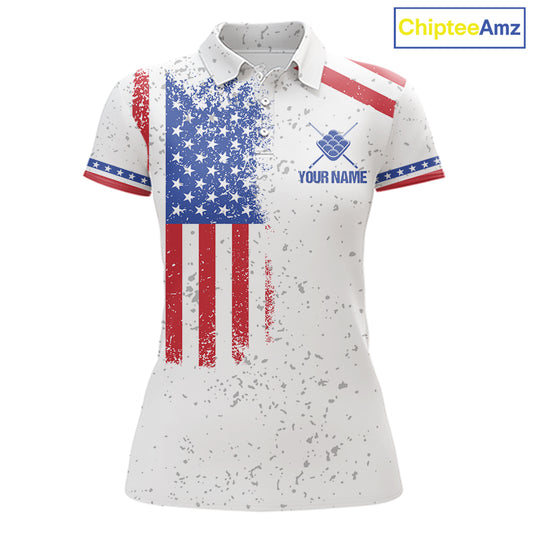 White American flag 9 ball billiard polo shirt for women with patriotic pool team graphics.