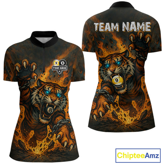 Personalized 8 & 9 Ball Tiger Fire Billiard Shirt For Women Custom Pool Team Jersey Polo & 1/4 Zip TDM4539