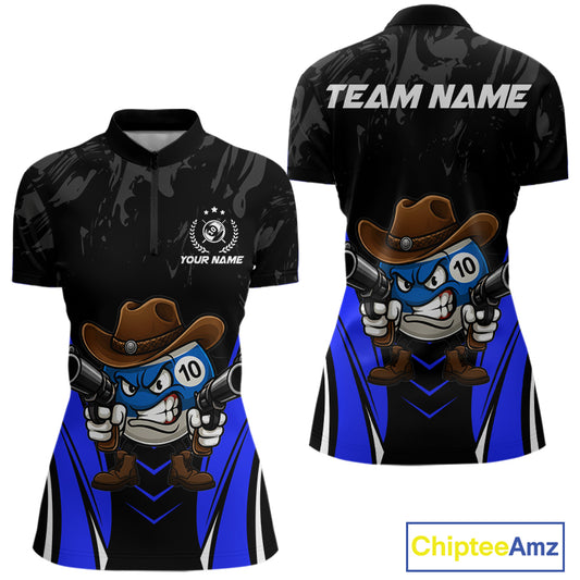 Black And Blue Funny 10 Ball Billiard Shirt For Women Custom Pool Team Shirts, Billiard Jersey TDM5410