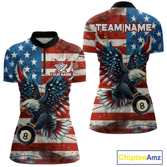 Personalized Vintage American Flag Eagle Billiard Shirt For Women, Patriotic 8 Ball Pool Jerseys TDM4155
