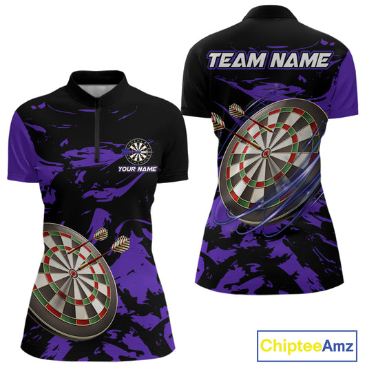 Personalized Black And Purple Splash Dart Polo & Quarter Zip Custom Dart Shirt For Women Dart Jersey TDM4169