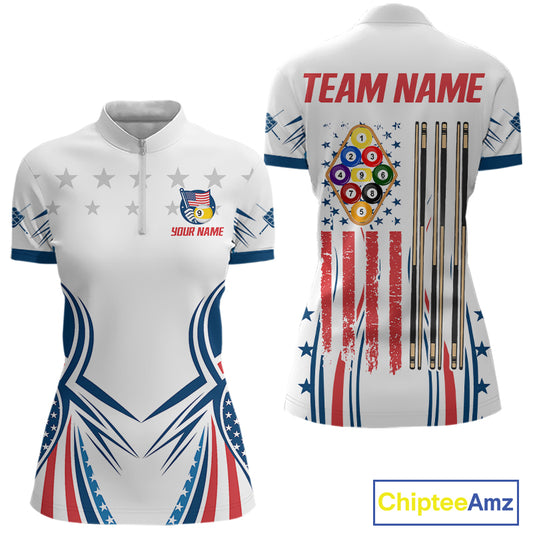 Patriotic American Flag 9 Ball Billiard Shirt For Women Custom Pool Team Jerseys Polo & Quarter Zip TDM4770