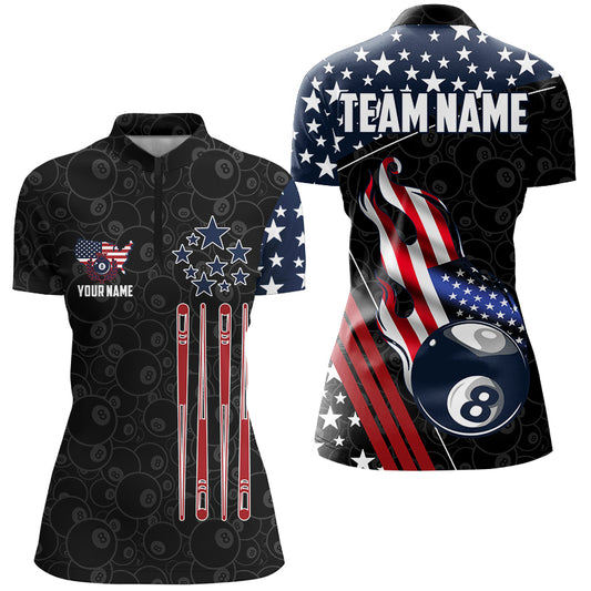 Personalized American Flag Ball 8 Pattern Women Billiard Shirts, Patriotic Billiard Jerseys | Black TDM2717
