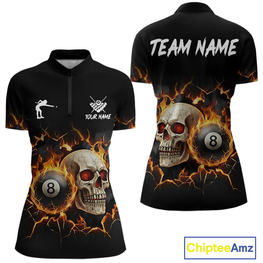Personalized Skull 8 Ball Fire Billiard Shirt For Women Custom Pool Team Shirt, Billiard Jersey TDM5424
