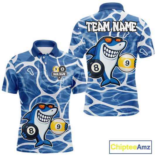 Blue Funny Shark 8 Ball & 9 Ball Billiard Shirt For Men Custom Pool Team Jersey Polo & 1/4 Zip TDM6056