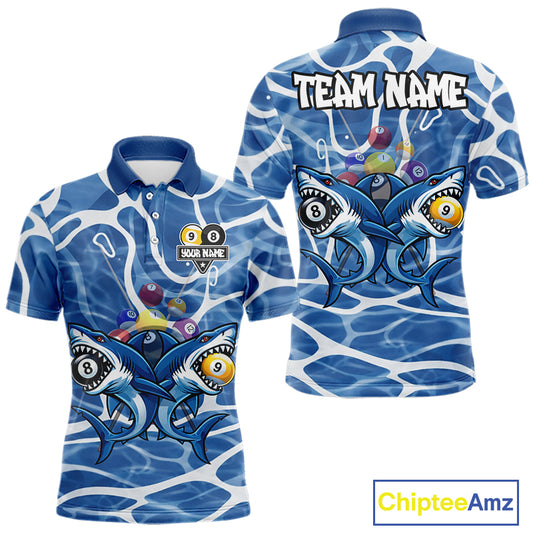 Blue Funny Shark 9 Ball & 8 Ball Billiard Shirt For Men Custom Pool Team Jersey Polo & 1/4 Zip TDM6057