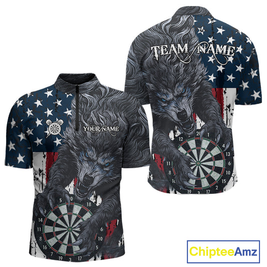 Personalized Grunge American Flag Wolf Darts Shirt For Men, Patriotic Dart Team Jerseys TDM5187