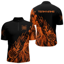 Load image into Gallery viewer, Black And Orange Dartboard Fire Flame Darts Polo, Quarter Zip Custom Dart Shirt For Men Dart Jersey TDM3410