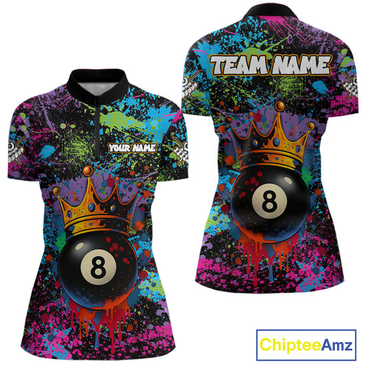 Funny 8 Ball Crown Colorful Paint Splash Custom Billiard Shirt For Women, Billiard Team Jerseys TDM3982