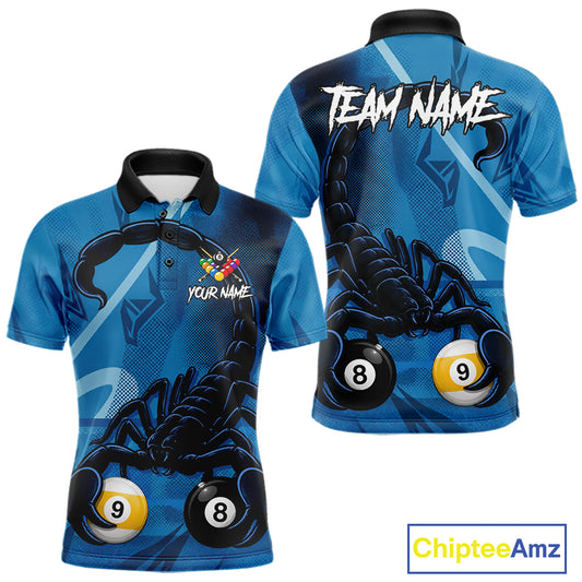 Custom Blue 8 Ball & 9 Ball Scorpion Billiard Shirt For Men, Billiard Team Jersey Polo & 1/4 Zip TDM6495