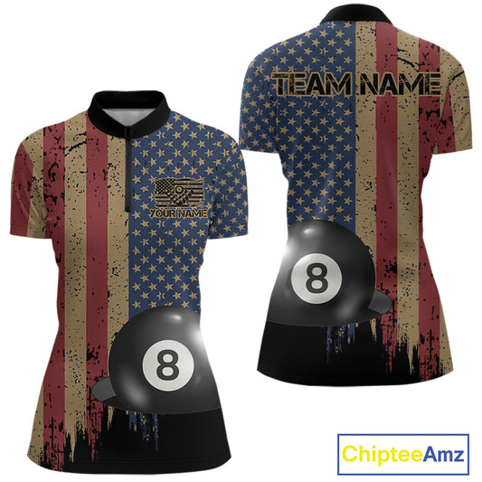 Vintage American Flag 8 Ball Billiard Shirts For Women Custom Patriotic Pool Team Jerseys TDM3998