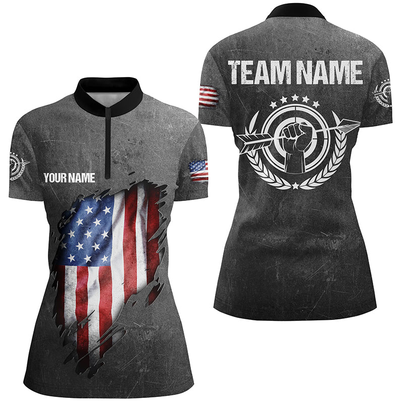 Personalized Grunge US Archery Women Quarter-Zip Shirts, American Flag Shirts For Archers TDM0582