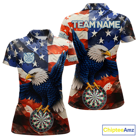 Personalized American flag eagle darts team jersey polo shirt for women featuring patriotic eagle and American flag artwork, premium custom darts league apparel for tournaments and league play.