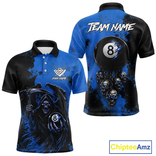Blue Grim Reaper 8 Ball Billiard Shirt For Men Custom Skull Pool Team Jersey Polo & 1/4 Zip TDM6103