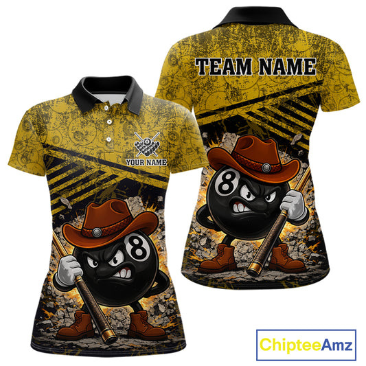 Yellow Grunge Funny 8 Ball Billiard Shirt For Women Custom Pool Team Jersey Polo & 1/4 Zip TDM6355