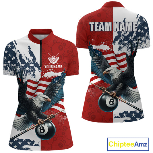 Personalized American Flag Eagle Women Billiard Shirt Custom Patriotic 8 Ball Pool Team Jersey |Red TDM4370