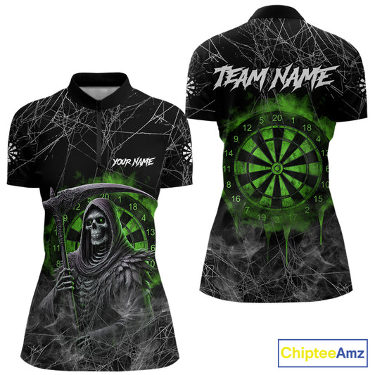Black And Green Smoke Grim Reaper Funny Dart Shirts For Women Custom Dart Jerseys, Darts Clothing TDM5486