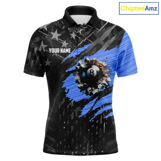 Black American Flag 8 Ball Billiard Shirt For Men Custom Billiard Team Jersey Polo & 1/4 Zip |Blue TDM6536
