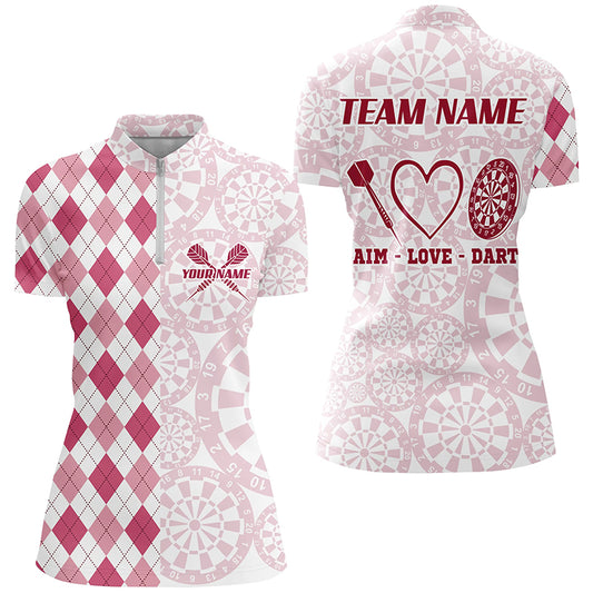 Aim Love Darts Custom Pink Argyle Women Darts Polo & 1/4 Shirts, Funny Darts Shirts Darts Team Jersey TDM2529