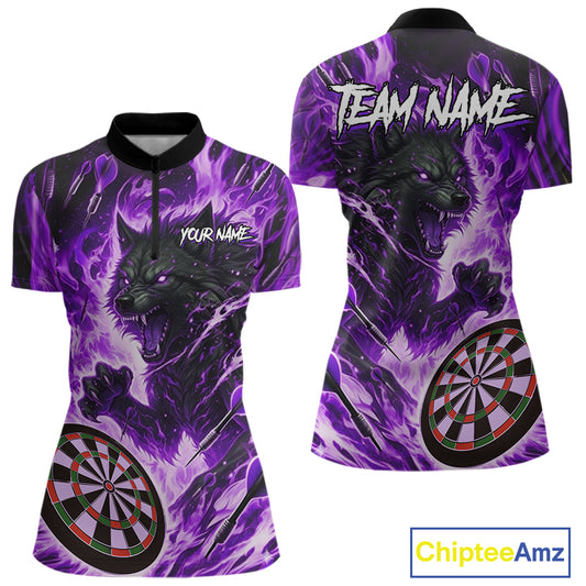 Purple Flaming Wolf Dartboard Jersey For Women Custom Darts League Team Shirt Polo & Quarter Zip TDM5024