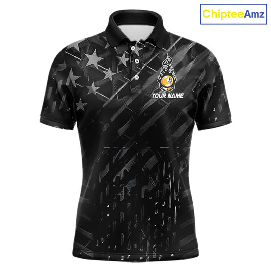 Black US Flag 9 Ball Fire Billiard Shirt For Men Custom Billiard Team Jersey Polo & 1/4 Zip TDM6123