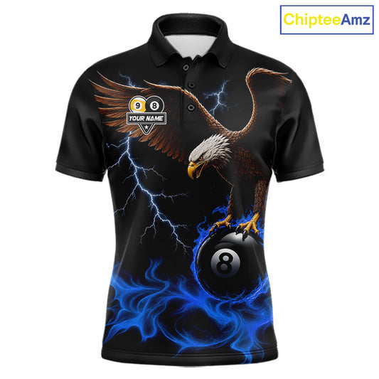 Blue Flaming Eagle 8 Ball & 9 Ball Billiard Shirts For Men Custom Pool Team Jersey Polo & 1/4 Zip TDM6561