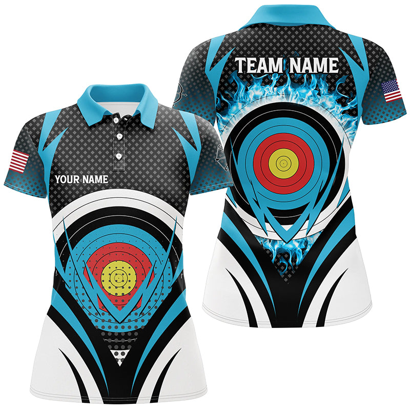 Blue Flaming Archery Target Board Custom Polo Shirts For Women, Archery Jerseys Uniform Shirts TDM0609