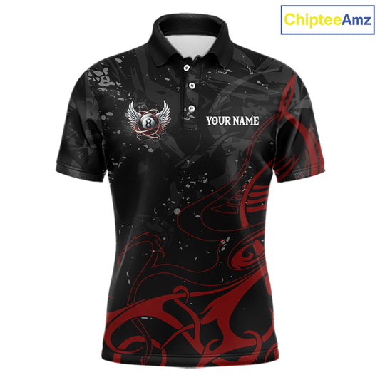 Black And Red 8 Ball Wings Billiard Shirt For Men Custom Tribal Pool Jersey Team Polo & 1/4 Zip TDM5776