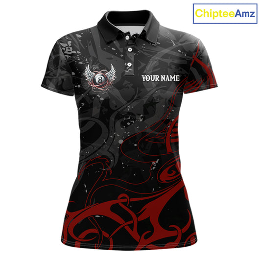 Black And Red 8 Ball Wings Billiard Shirt For Women Custom Tribal Pool Jersey Team Polo & 1/4 Zip TDM5776