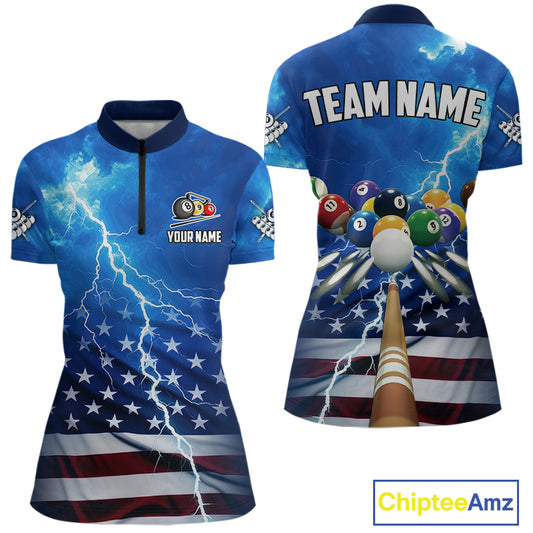 Blue Thunder Lightning American Flag Billiard Shirt For Women Custom Patriotic Pool Balls Jersey TDM4639