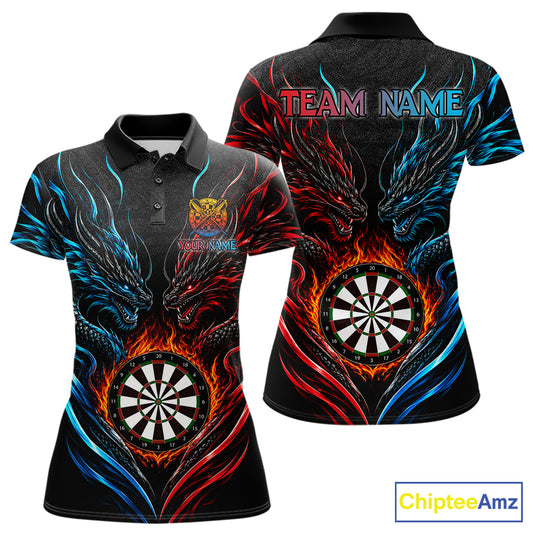Blue And Red Custom Dragon Fire Darts Shirts For Women, Darts League Team Jersey Polo & Quarter Zip TDM6576