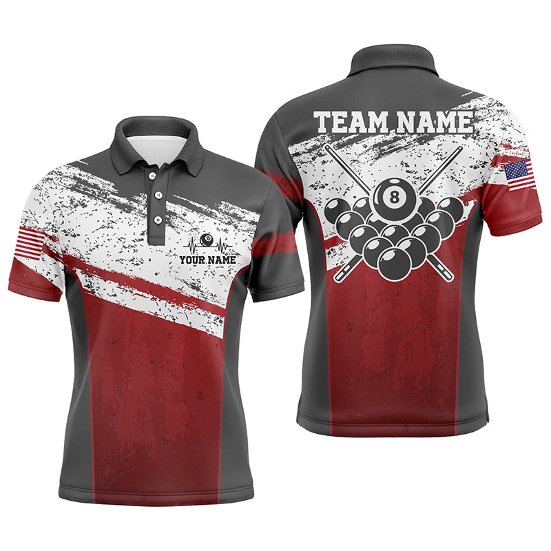 Red White Grunge Style Custom Billiard Jerseys For Men, Personalized Name Billiard Polo Shirts TDM0181