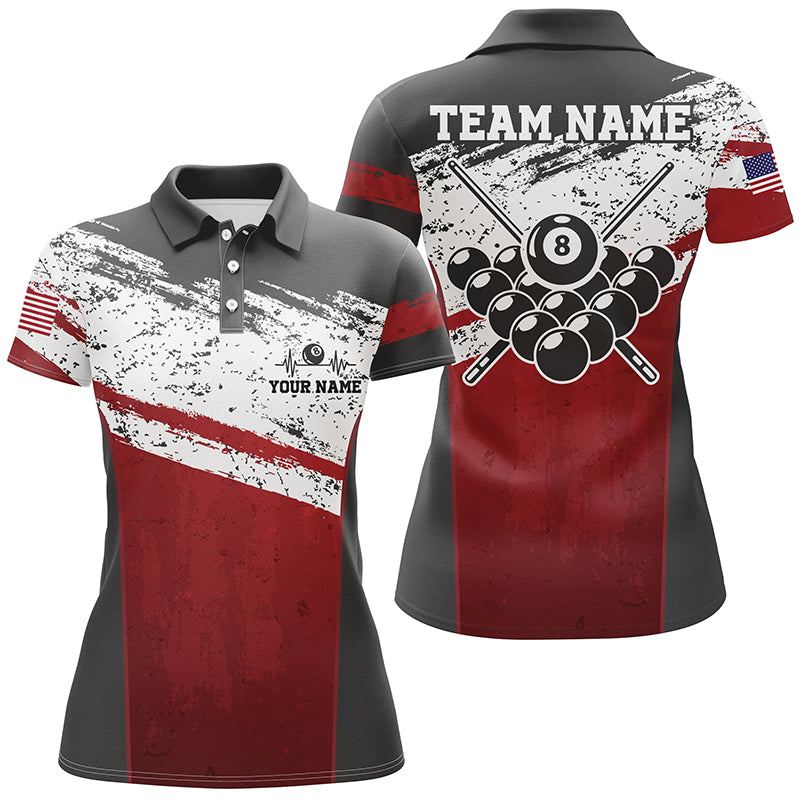 Red White Grunge Style Custom Billiard Jerseys For Women, Personalized Name Billiard Polo Shirts TDM0181