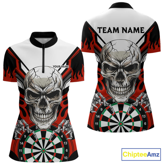 Personalized Skull Darts Polo & Quarter Zip Custom Darts Shirt For Women, Darts Team Jersey |Red TDM5535