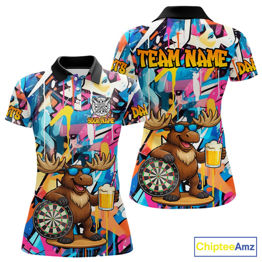 Funny Moose Colorful Graffiti Darts Shirt For Women Custom Darts Team Jersey Polo & 1/4 Zip TDM6397