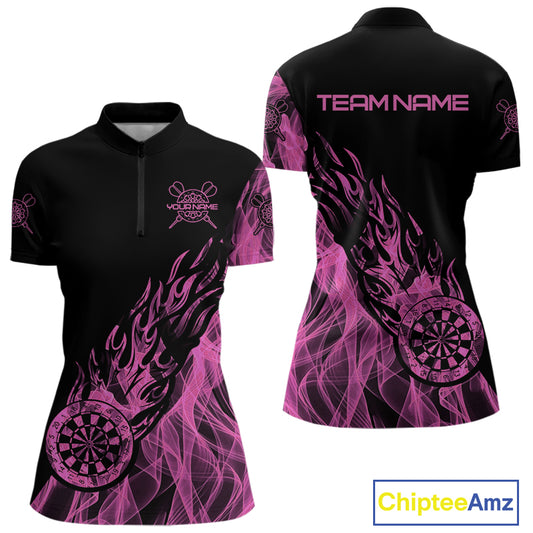 Black And Pink Flame Fire Darts Polo & Quarter Zip Custom Dart Shirt For Women Dart Jerseys TDM4858
