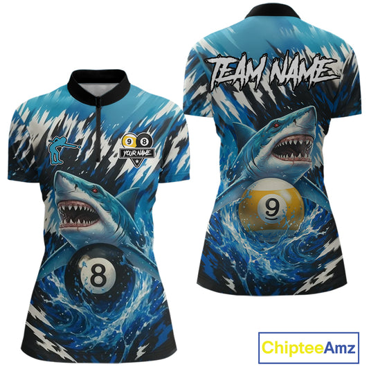 Custom Funny Blue Shark 8 Ball & 9 Ball Billiard Shirt For Women, Pool Team Shirt Polo & 1/4 Zip TDM5291