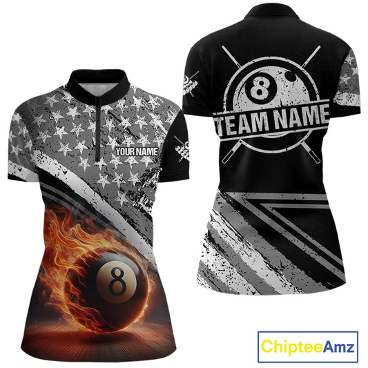 Personalized US Flag 8 Ball Pool Fire Billiard Shirt For Women Custom Grunge Billiard Team Jersey TDM5544