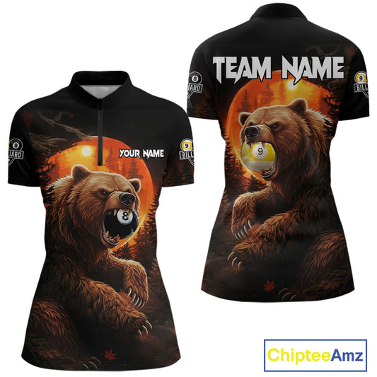 Personalized 8 Ball & 9 Ball Bear Billiard Shirt For Women Custom Pool Team Jersey Polo & 1/4 Zip TDM5549