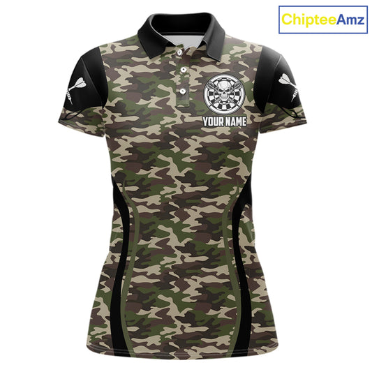 Personalized Green Camo Skull Darts Shirt For Women Custom Darts League Jersey Team Polo & 1/4 Zip TDM6402