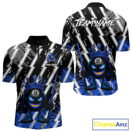 Funny 8 Ball Pool Crown Billiard Shirt For Men Custom Billiard Jersey Team Polo & 1/4 Zip |Blue TDM5082